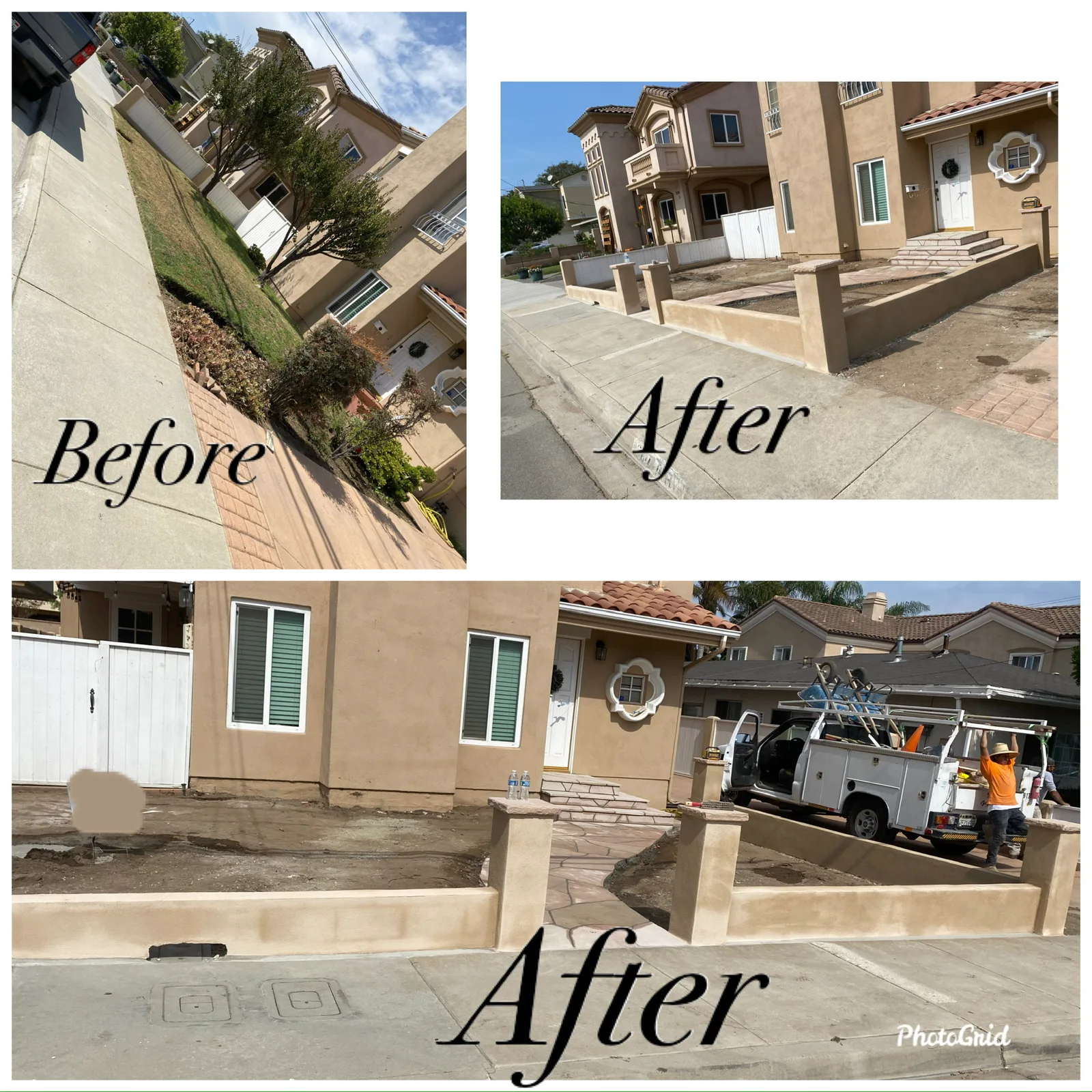 Before and after of a front courtyard wall project
